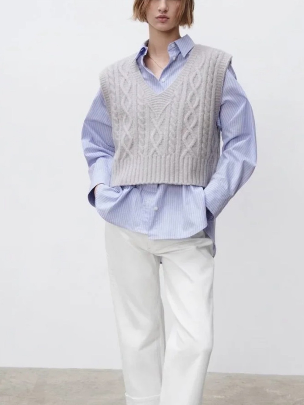 ZARA CABLE KNIT SWEATER VEST | CROPPED V-NECK VEST | GRAY
